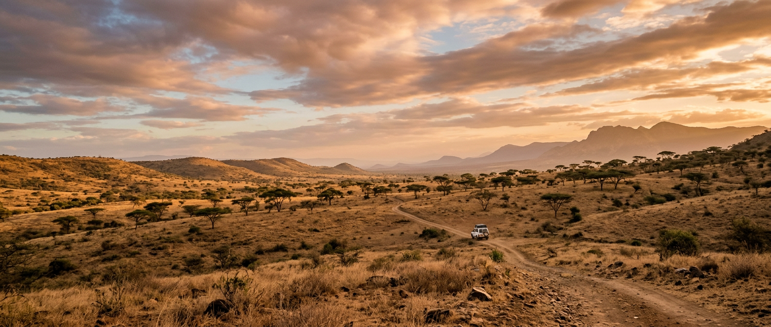 Generated image of a dirt track through dry hills and acacia trees at sunset, with a white 4x4 in the distance
